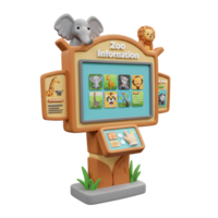 This cartoon zoo information kiosk features animal icons on its screen and has an elephant and lion on top, useful for educational or informational purposes. png