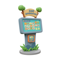 A cartoon zoo information kiosk displays animal icons, offering an interactive experience for park visitors. png