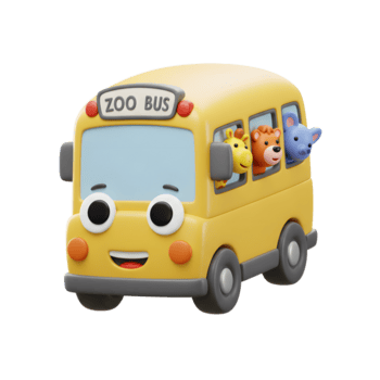 een geel tekenfilm dierentuin bus is gevulde met een giraffe, beer en muis allemaal lachend, creëren een vriendelijk beeld voor kinderen inhoud. png