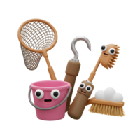 A pink bucket, net, hook, and brushes with cartoon faces are displayed for cleaning purposes. png