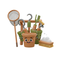 A 3D rendering shows cartoon gardening tools, including a trowel, rake, and net, making it perfect for children's garden themed projects. png