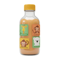 A glass juice bottle with a yellow cap and four animal character labels is presented for beverage packaging. png