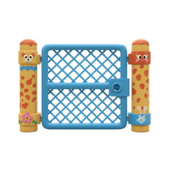 This blue gate features whimsical designs with giraffe spot patterned columns and friendly animal faces, creating a secure and playful entrance for children to use in a playground or backyard. png
