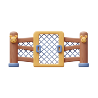 A cartoon fence with a gate is a playful barrier, designed with light brown wood and a mesh gate, ideal for decorative purposes. png