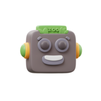 A friendly 3D render of a square robot face features a smiling mouth, round eyes, and green grass with the word 'zoo' for whimsical decoration. png