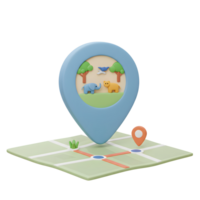 A blue location pin displays an elephant and a lion surrounded by trees and a bird, placed on a map with a second orange pin, illustrating a route or destination for travel or educational purposes. png
