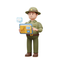 A cartoon zookeeper in uniform is interacting with a tablet displaying a giraffe and a koala icon for educational purposes. png