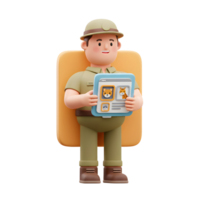 Cartoon zookeeper in khaki uniform presents zoo animal images on a tablet, ideal for educational content or zoo promotional materials. png