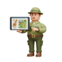 A 3D cartoon zoo employee is holding a tablet with a giraffe image and animal map, pointing at it to share information. png