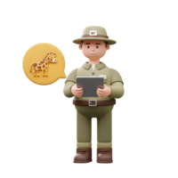 Cartoon zookeeper holding a tablet and visualizing giraffe in a speech bubble, suitable for education purposes. png