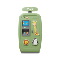 Green locker with a zoo sign has animal figures and a screen, often used in a themed environment. png