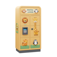 This yellow locker is decorated with animals and a digital lock, making it perfect for a child's room or classroom. png