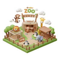 This illustration showcases a miniature zoo exhibit filled with cute animals like lions, monkeys, penguins, elephants, and giraffes displayed within cages, perfect for educational purposes. png