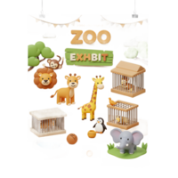 A collection of adorable zoo animals including a lion, giraffe, monkey, and elephant are displayed together for a zoo exhibit poster. png