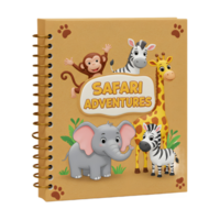 This cartoon style notebook shows a monkey, zebra, elephant and giraffe on its cover, which can be used to record journal entries or school assignments. png