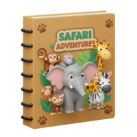 This safari adventures book features a cute elephant, monkey, zebra, and giraffe, perfect for children learning about animals. png