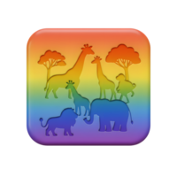 Silhouettes of African animals including giraffes, lions, and elephants are displayed with a rainbow background in a cute, rounded square shape for decoration. png