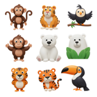 Collection of cartoon animal illustrations including a monkey, tiger, bear, bird, and toucan is shown for decorative usage. png