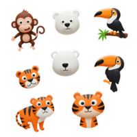 A cartoon illustration displays a monkey, polar bear, tiger, and toucan, which can be used for educational resources and sticker designs. png