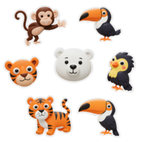 Illustration of cartoon animals like monkey, tiger, polar bear and toucan in a playful style, suitable for children's books or educational material. png