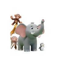A cartoon style elephant sprays water with its trunk while standing in a group of other animals in a jungle scene, perfect for a child's room decor. png