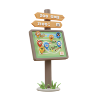 A 3D rendered zoo map shows animal locations with pins, providing directions and information for visitors. png