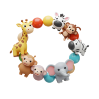 A circle made of giraffe, monkey, zebra, elephant, and colorful beads makes a playful toy or decoration for a baby. png