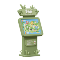 This is a cartoon zoo map kiosk with an interactive display showing animal locations within the park, likely for guiding visitors. png