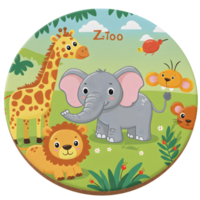 This image depicts various cartoon animals including an elephant, giraffe, lion, bird and mouse, all set on a vibrant green grassy background, perfect for educational or decorative usage. png