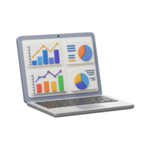 3D render of a laptop screen displaying data charts and graphs for data visualization. png