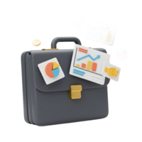 A gray portfolio is surrounded by charts and coins to visually represent financial growth and investment opportunities for business and finance related content. png