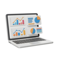 A laptop displays various graphs and charts, indicating data analysis and financial reporting, which is often used for business presentations. png