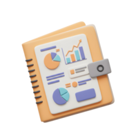 A 3D render shows a binder with charts and graphs on the cover page, ideal for illustrating data analysis or business reports. png