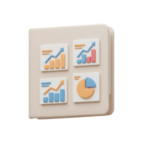 Four data charts showing growing trend are set in a book, representing information tracking and analysis. png