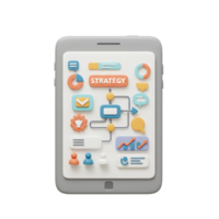 Tablet displays a flowchart with business strategy, including charts, graphs, and people, making it useful for corporate presentations. png