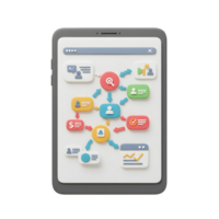 A tablet displays a colorful workflow process with icons and arrows connecting different stages, showing a visualized business flow for planning and analysis. png