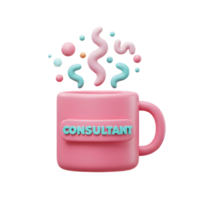 A pink mug labeled 'Consultant' has stylized swirls and spheres floating above it, suggesting creative brainstorming or consultation sessions. png