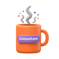 An orange coffee mug with a purple label that says Consultant has white steam rising from it, representing professional discussion. png