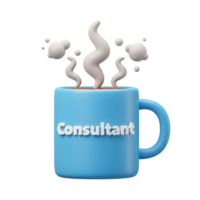 A blue coffee cup with the word Consultant and steaming coffee inside is depicted in a 3D render for illustrating consulting services. png