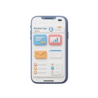 A 3D render of a business application running on a phone showing interface elements like inbox chart and user profile, suitable for representing mobile app development and business solutions. png