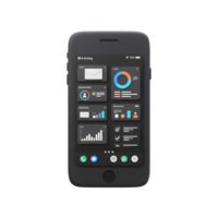 The app dashboard interface on a black mobile phone displays various data visualizations and controls, ideal for managing tasks or tracking information. png