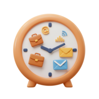 An orange clock face displays briefcase and envelope icons representing email and work, suggesting time management for productivity. png