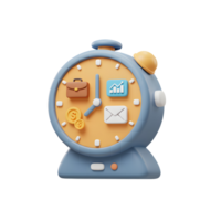 Stylized blue alarm clock displays icons related to business such as briefcase, graph, money, and email for time management purposes. png