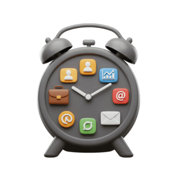 A gray alarm clock shows various application icons on its face, acting as a visual reminder for task management and scheduling. png