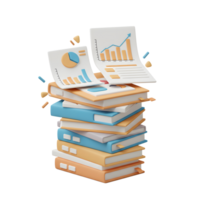 A stack of books topped with graphical charts and diagrams visually represents data analysis and reporting for educational or business purposes. png