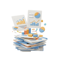 A stack of reports and charts with graphs and data representations are depicted in a playful, colorful style for data analysis and presentation. png