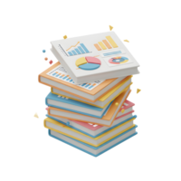 A stack of colorful books features financial graph and chart diagrams, representing data analysis and information research for business reports or educational purposes. png