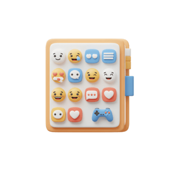 stänga upp av en läsplatta visning olika uttryckssymbol och spel kontrollant ikoner i en 3d stil, lämplig för använda sig av i app design eller representerar digital kommunikation. png