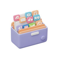 Illustration of social media and app icons stored in an organizer box, useful for visualizing digital organization and contact management. png