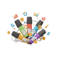 A group of colorful highlighters are surrounded by business and financial graphics to represent the importance of marketing and finance. png